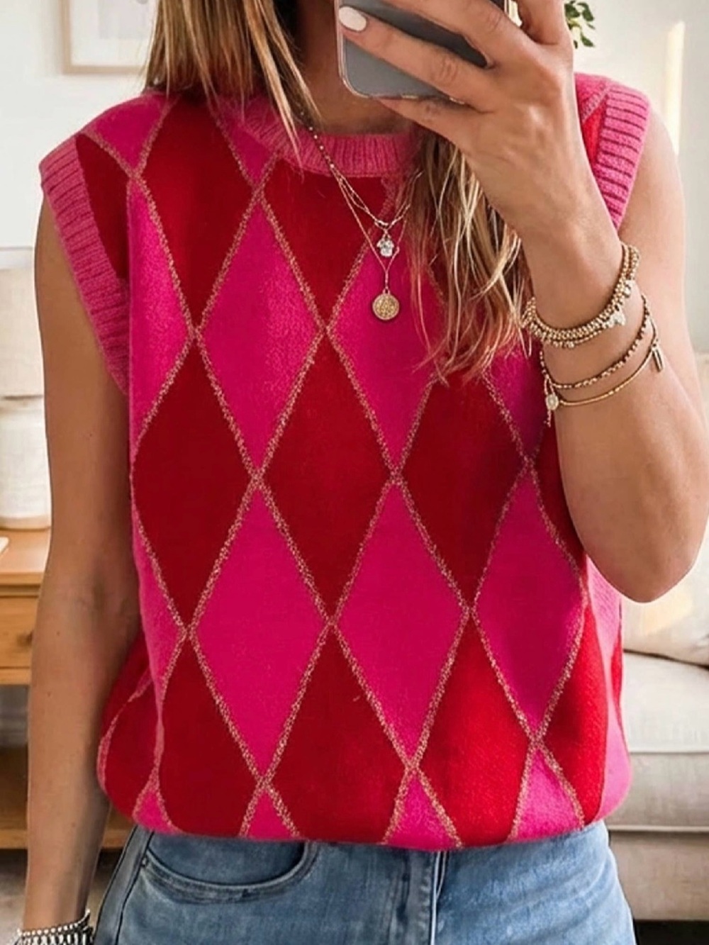 Sleeveless Argyle Knit Tank in Pink & Red